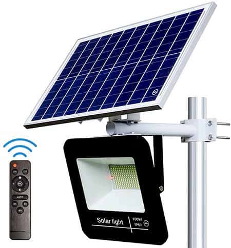 YQL 100W Solar Outdoor Flood Light, White 6500K 208 LEDs Auto On/Off