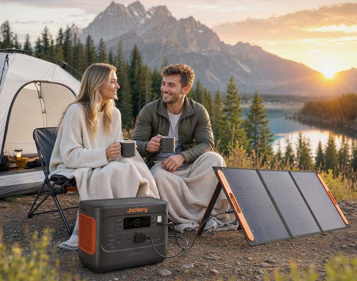 Campsite view of a couple with Solar generator connected to solar panels