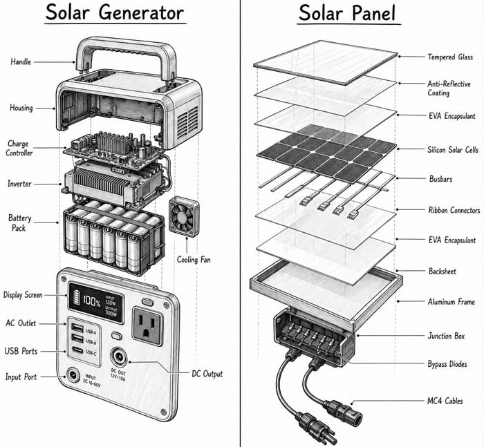 Core components of a Solar Generator & Solar Panel, components clearly labelled - Sketch Image