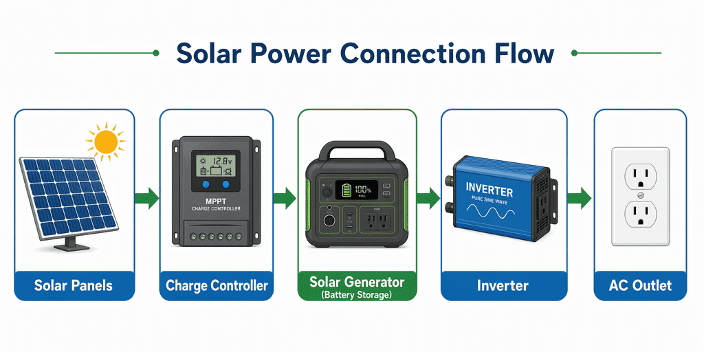 Flow diagram of High capacity generator connection from solar panel to AC outlet