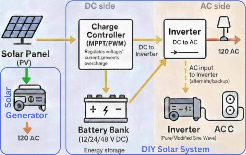 Solar Generator vs DIY Solar System shown in two blocks with Flow Diagram