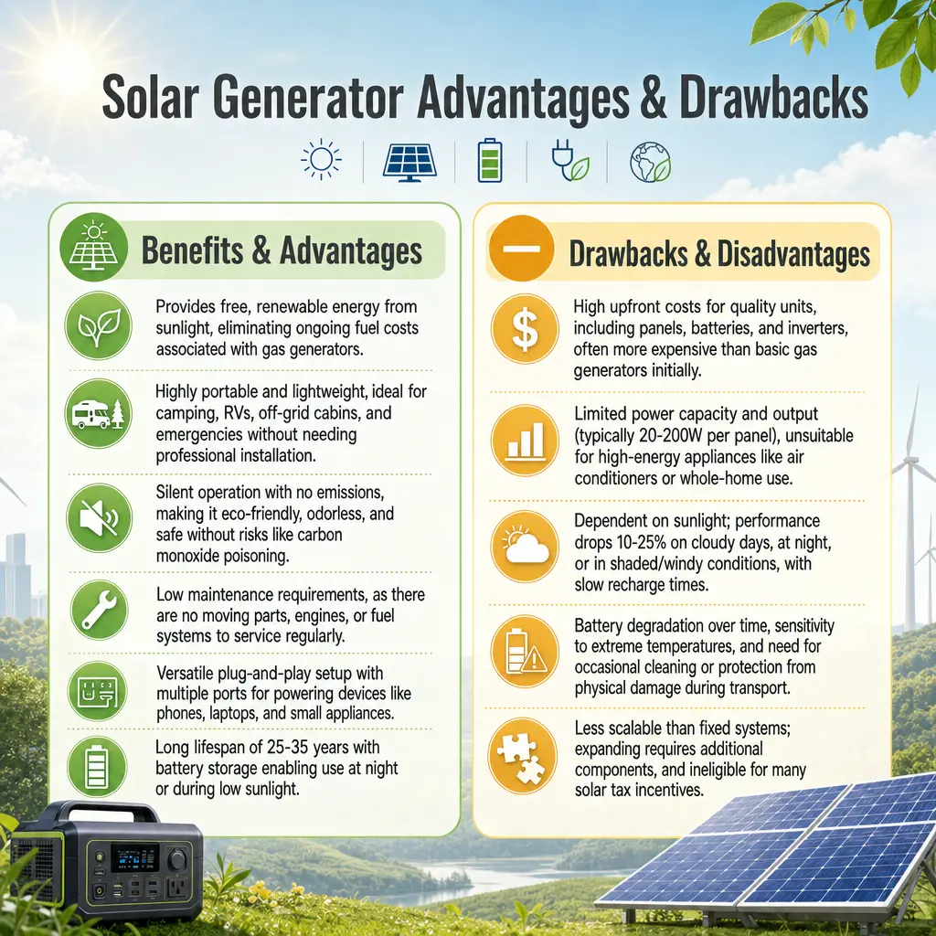 Solar generators - Advantages and Drawbacks (comparison)