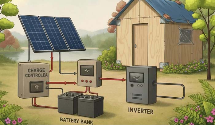 Off-grid Living. Flow diagram of solar power system