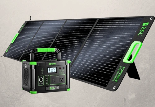 Full view of the EBL 1000W Power station with 200W solar panel