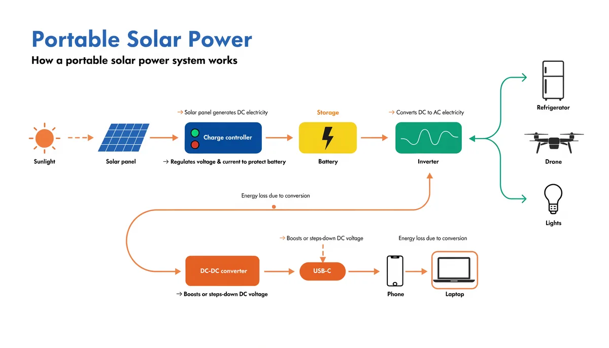 Energy Flow Diagram (Sun→Devices) - Portable solar power, showing main system parts 