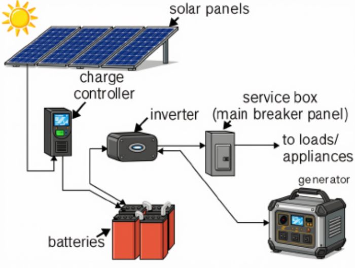 Portable solar power flow diagram with basic components - System parts