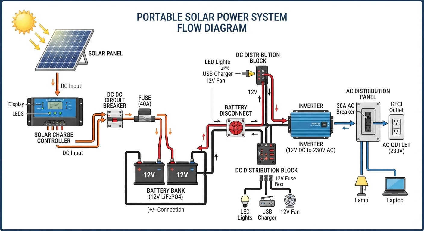 Portable Solar Power System flow diagram - showing Solar Power System Parts and other essential components. 